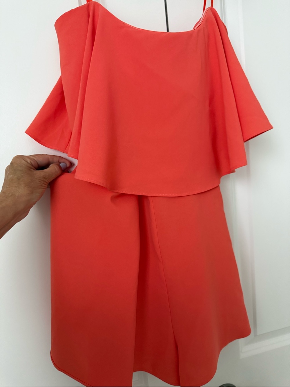 vestique Coral Off-Shoulder Ruffle Romper